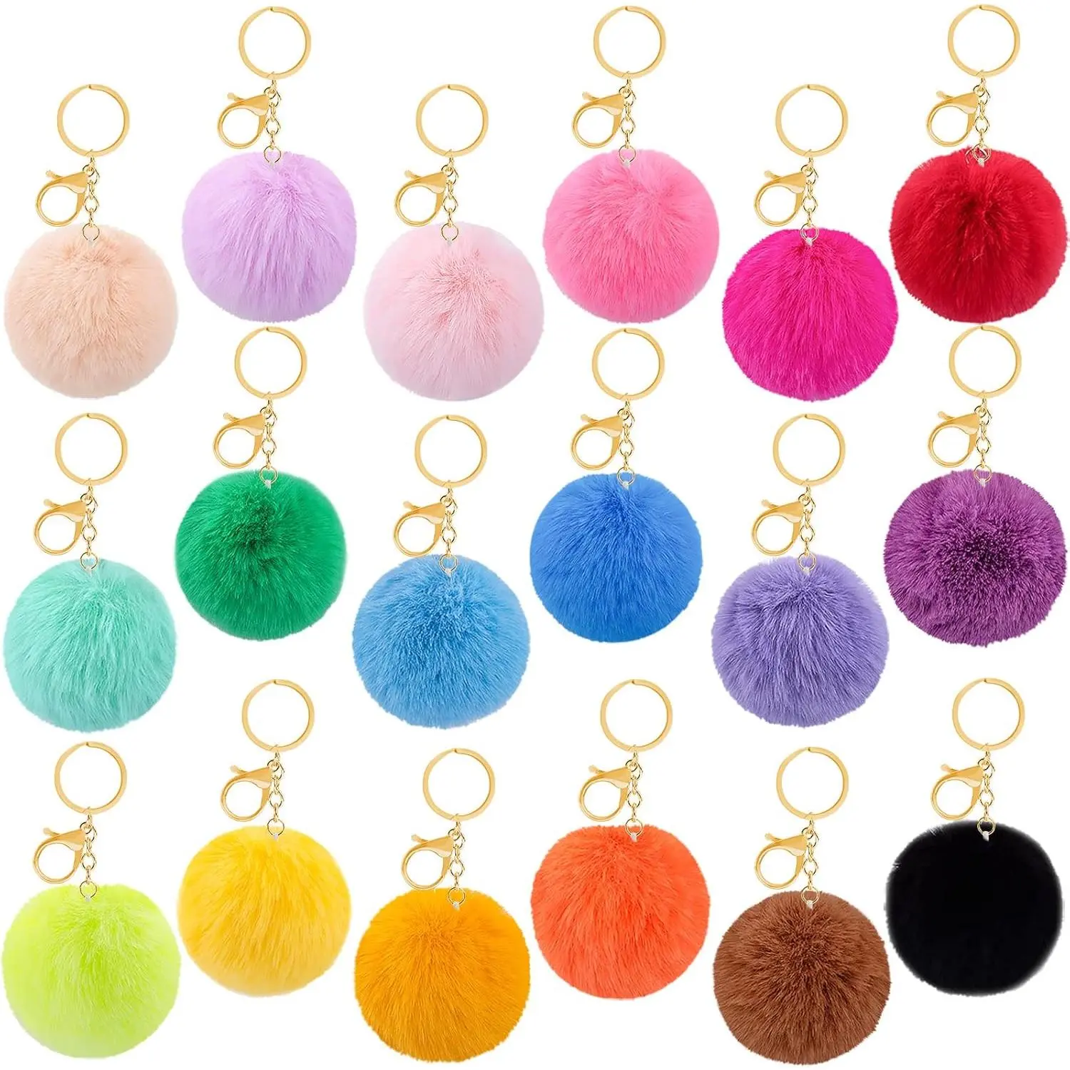 18 count Pom Pom Keychain Rabbit Faux  Ball Keychain Fluffy Pom Pom Keychain Pom Pom Puff Ball with Keychain Hooks