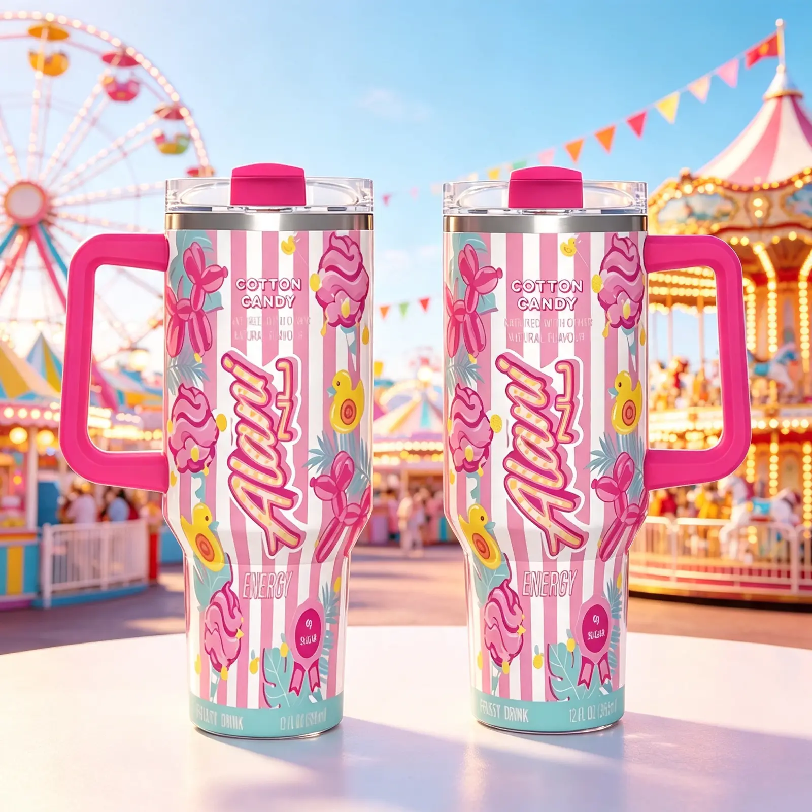 Cotton Candy Pink Blue Gradient 40oz Insulated Tumbler with Handle, Alani Inspired Aesthetic Travel Cup, Unique Birthday Gym Gift for Women Her