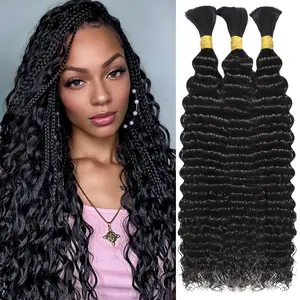 Human Braiding Hair for Boho Braids, 110g 20 Inch Curly Boho Hair, Knotless 12a Deep Wave, 3 Bundles/pack, Natural Color