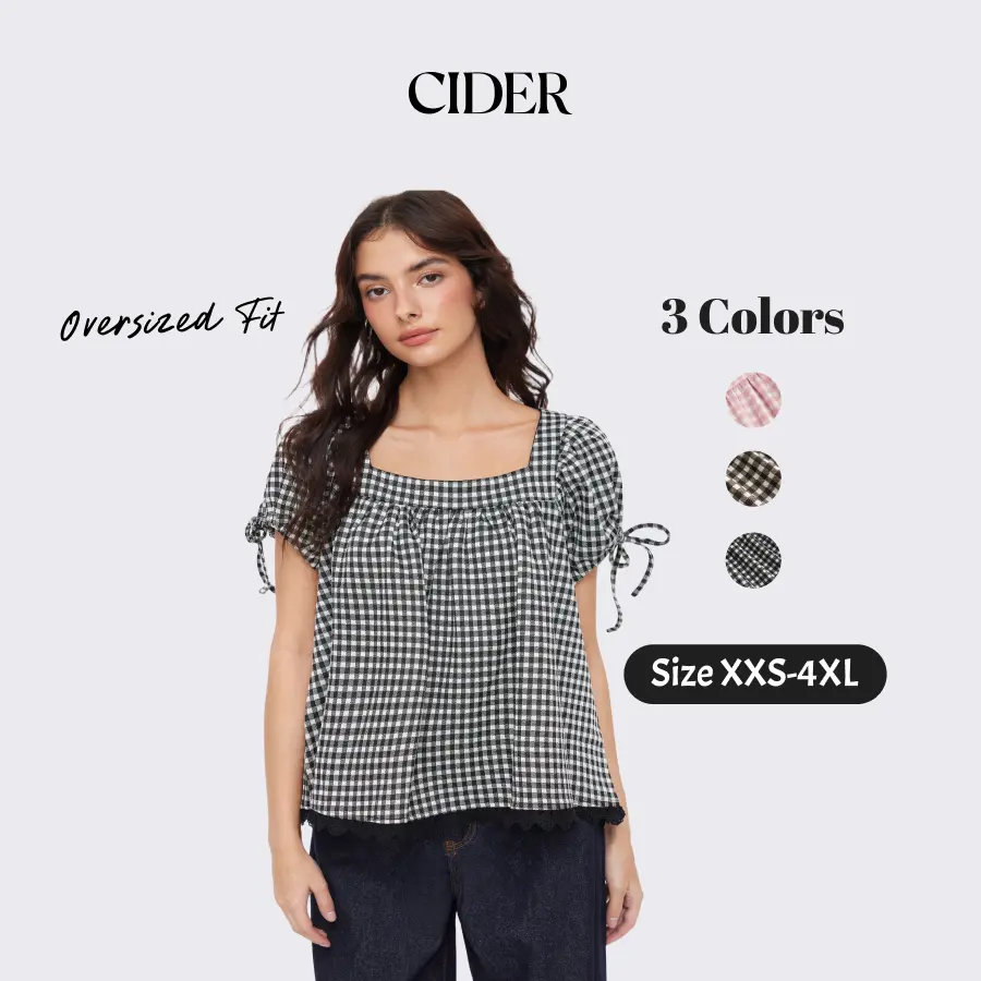 Cider Vintage Summer Plaid Square Neck Blouse for Casual Daily, Elegant Puff Sleeve Top, Ladies Drawstring Shirt, Retro Vacation Outfits, Lady Crop Tops