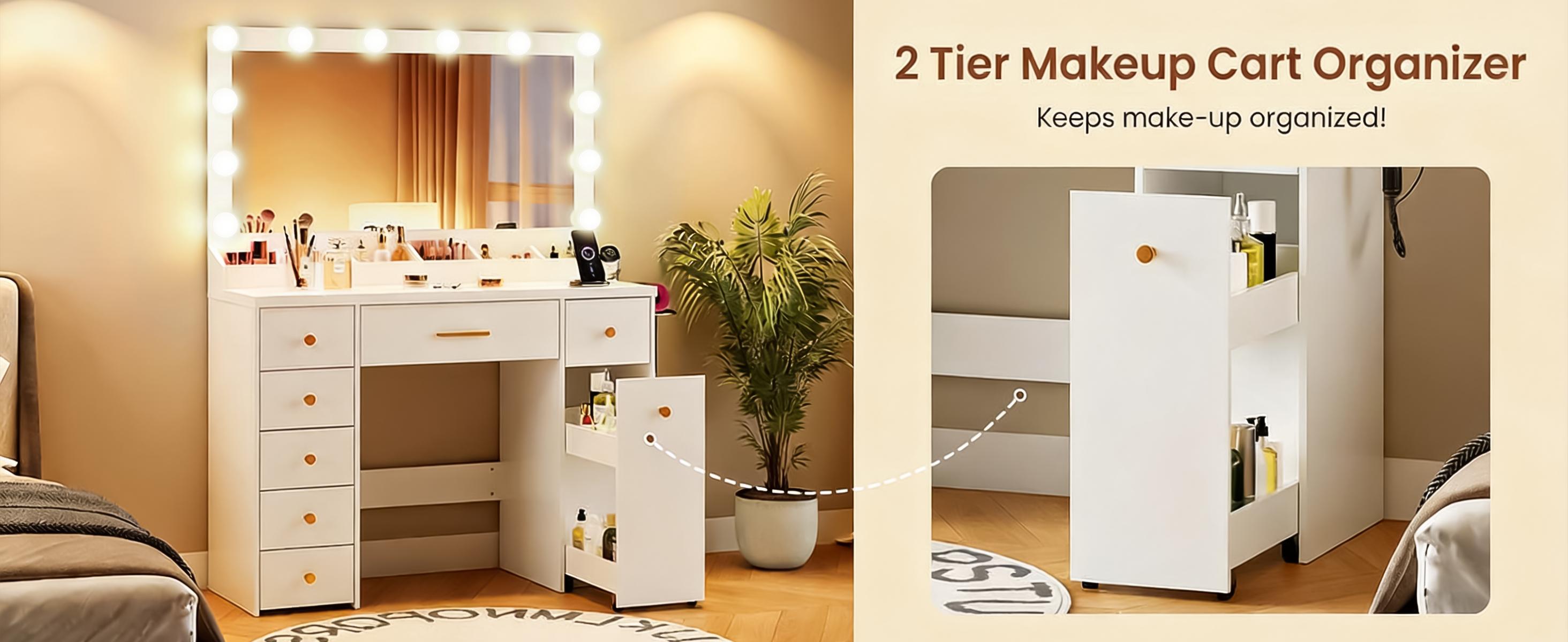 LAKEMID Large Mirror Vanity with LED Lighting, featuring 12 Hollywood-style bulbs and three-color adjustable lighting (comes with a set of colored string lights). 7-drawer vanity with pull-out storage, bedroom vanity, white
