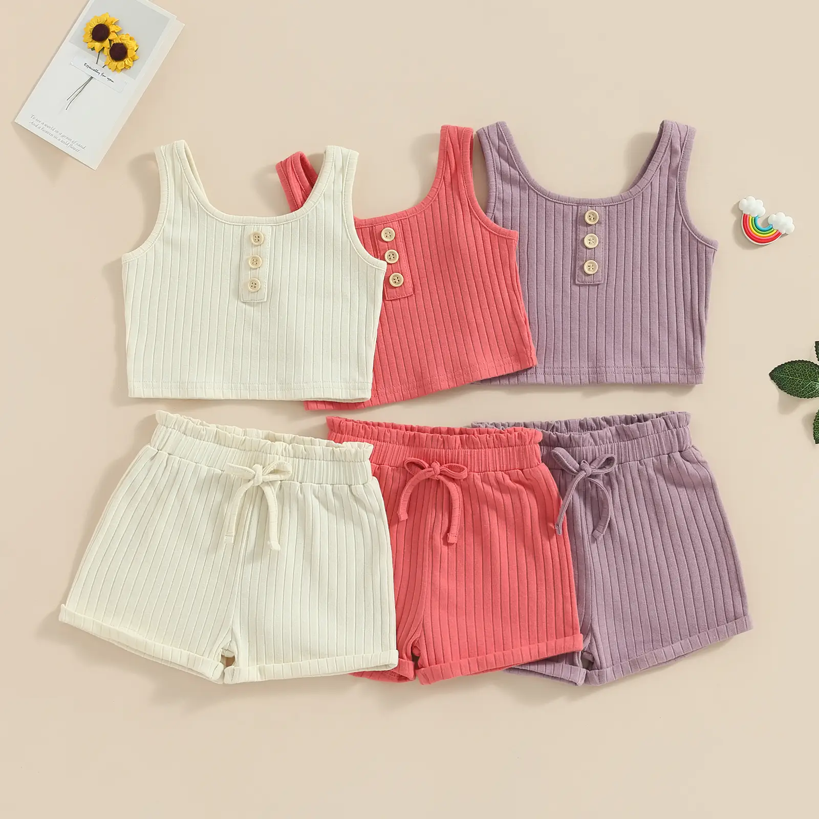 Toddler Baby Girl Summer Ribbed Clothes Solid Knit Button Crop Tank Top Elastic Waist Shorts Set Casual Outfits 1-8 Years #Springtok