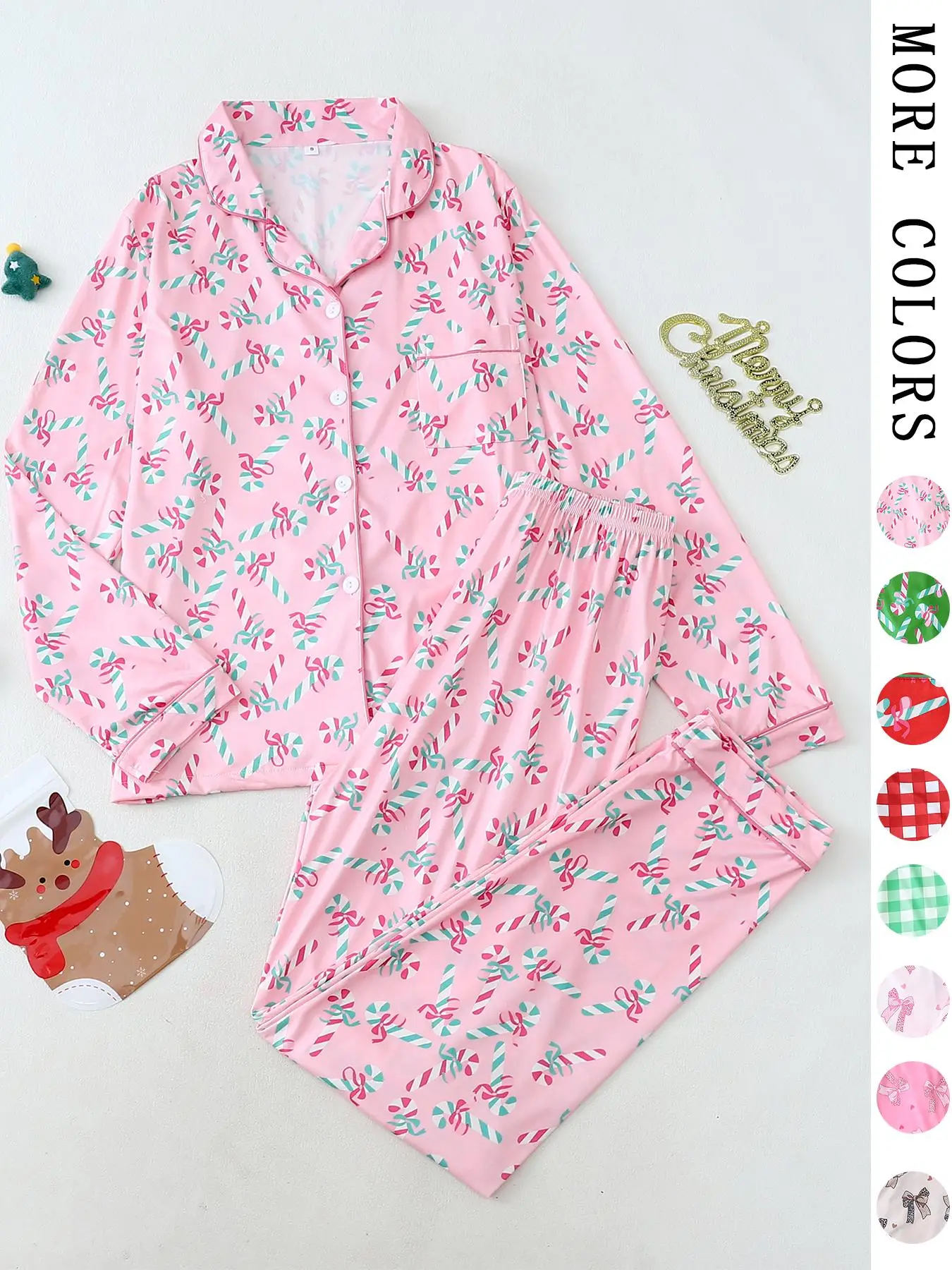 【Christmas Pajamas】Two-Piece Set Women's Bow Print Button Front Lapel Shirt & Pants Pyjama, Casual Comfy Long Sleeve Collared Pocket Top & Trousers Pj