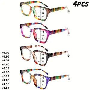 4 Pack Progressive Multifocal Blue Light Blocking Reading Glasses Rectangular Frame Colorful Stripe Spring Hinge Comfortable Durable Eyeglasses