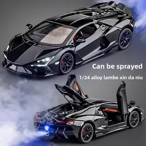 1:24 Cool Lamborghini model car, with spray design, realistic scissors-style doors opening, flashing lights, high-level detailed reproduction. The top choice for children's boy toy cars, a collectible alloy sports car, an excellent gift item.