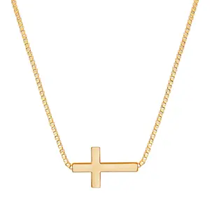 Cross Necklace for Women: Gold Sideways Small Elegant Christian Stainless Steel Pendant Chain Religious Jewelry Gift for Ladies and Girls