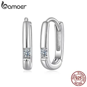 BAMOER Moissanite Rectangle Hoop Earrings Huggie Geometric Piercing U Shape Ear Buckles D Color VVS1 for Women Teens Daily Gift