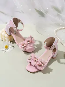 Girls Summer Sandals High Heel Design Princess Shoes, Korean Fashion Flower Pattern Chunky Sole, Casual PU Upper Material, Less Than Ankle Height, Kids Footwear