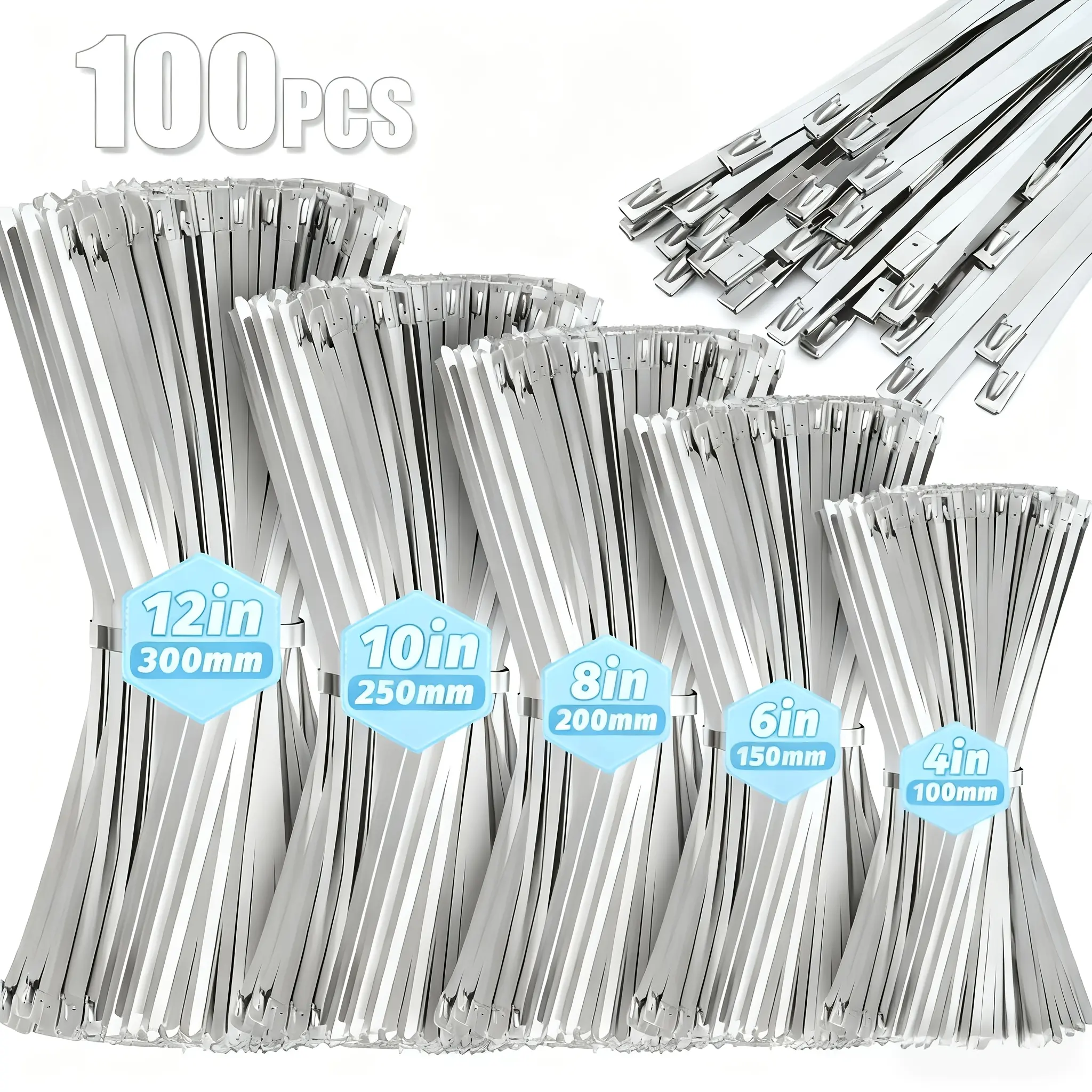 NANWEI 100 Stainless Steel Cable Ties Set, Multi-purpose Cable Tie Combination, 4+6+8+10+ 12-inch Cable Ties, Suitable for Home, Auto Repair, Agriculture And Other Uses, Suitable for Both Indoor And Outdoor Use, A Great Choice for Daily Use And Gifting.