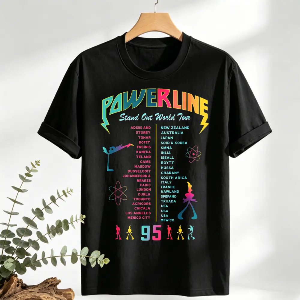 Women's Fitted Short-Sleeve Cotton T-Shirt - Powerline World Tour Graphic Print, Round Neck, Casual Streetwear Summer Easy-Care Top, Tshirt