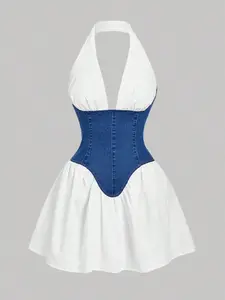 Y2K Sexy Backless Sleeveless Denim Patchwork Dress, High Waist Flared Skirt, Trendy Bohemian Fashion for Women, Perfect for Casual & Party Wear