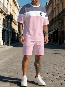 Men's Fashion Sporty Round Neck Short Sleeve + Casual Shorts Set, Patchwork 3D Printed High Definition Pattern, Summer Comfortable Breathable Sportswear, Activewear Set