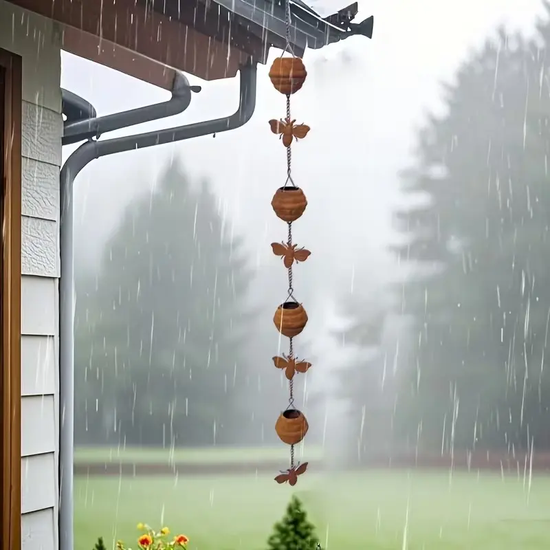 1pc of Metal Craft Outdoor Garden Courtyard Yard Rain Chain, Natural Rust Color Bee Rain Chain, Home Decoration Eaves Ornaments, Durable Metal Crafts, Gutter Chain, Rainwater Collection Chain,Hanging Outdoor Garden Decoration, Garden Accessories
