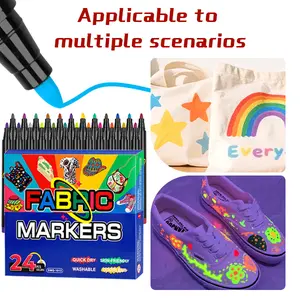 24-Color Fabric Markers Set, Permanent Fabric Paint Pens for Clothes, Waterproof & Machine Washable, No Bleed Markers for T-Shirts, Shoes, Bags & Crafts, Includes 4 Fluorescent Colors with UV Glow Effect