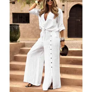 2025 New Cotton and Linen Long-sleeve Shirt and Button Wide-leg Pants Two-piece Set Clothes Suits