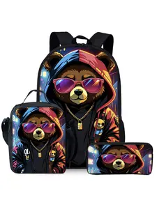 Cute Bear Printed Backpack Set with Hat Includes Lunch Bag and Pen Case, Backpack for School