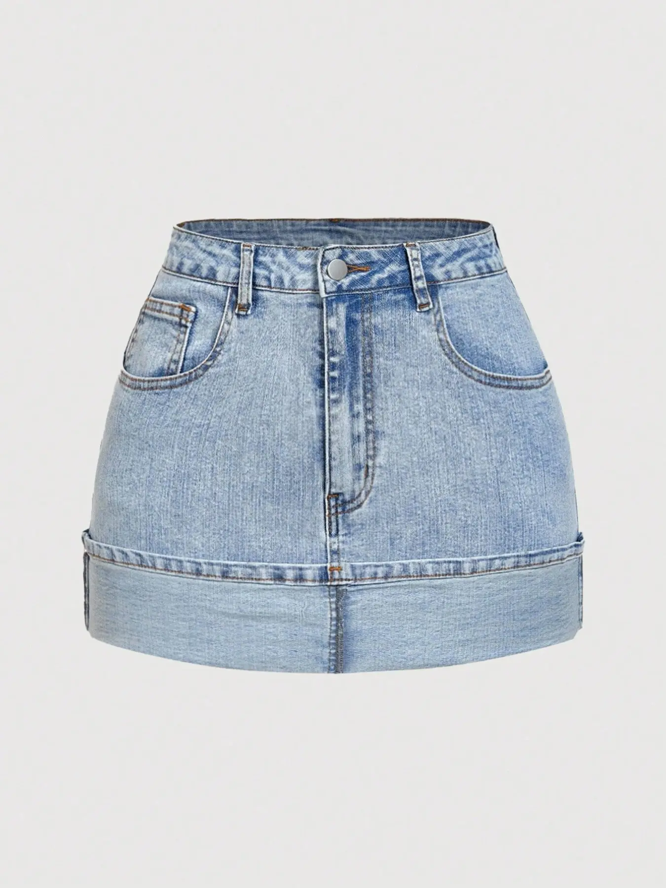 Plus Size Women's Denim Skirt, Casual Fitted Skirt, American Vintage High Waist Rolled Hem, Washed Slim Fit, Back Pocket Paneling, Casual Style Comfortable, High Waist Skirts