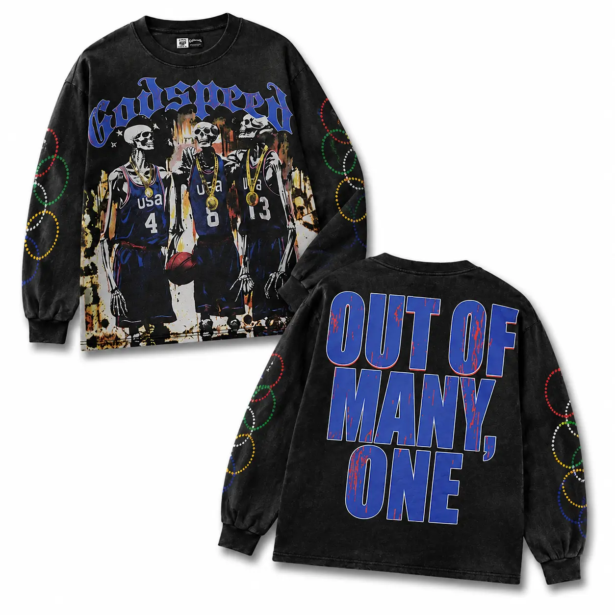 Skull Basketball Graphic Sweatshirt Men Women Vintage Washed Crewneck Pullover, Oversized Streetwear Long Sleeve Tee with Back "OUT OF MANY ONE" Print, Y2K Hip Hop Retro Casual Top