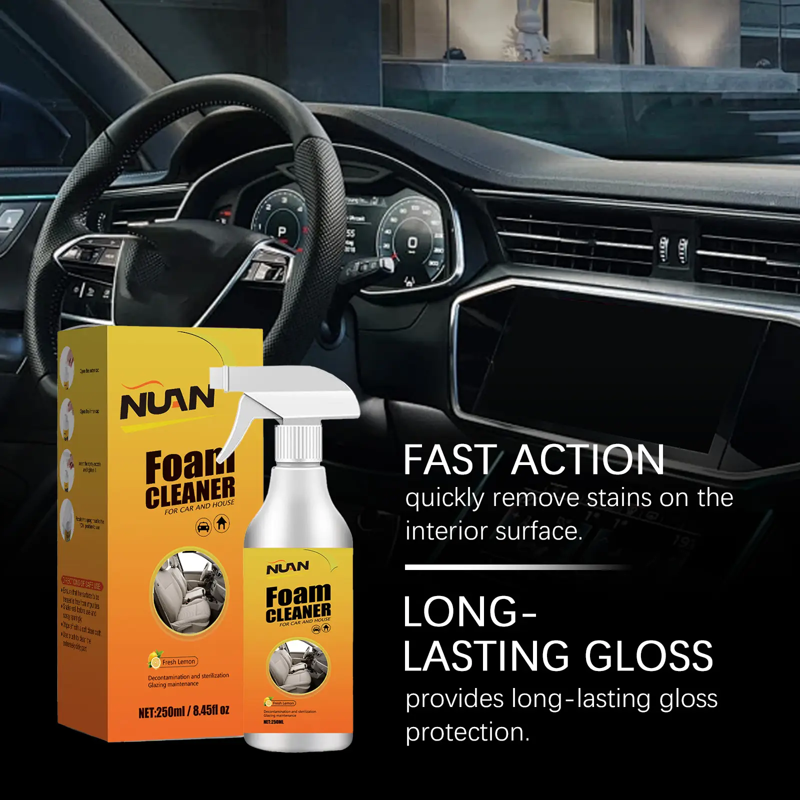 Interior Car Foam Cleaner – For Leather Seats, Perfect for Halloween & Christmas Prep Plastic Panels & Headliner