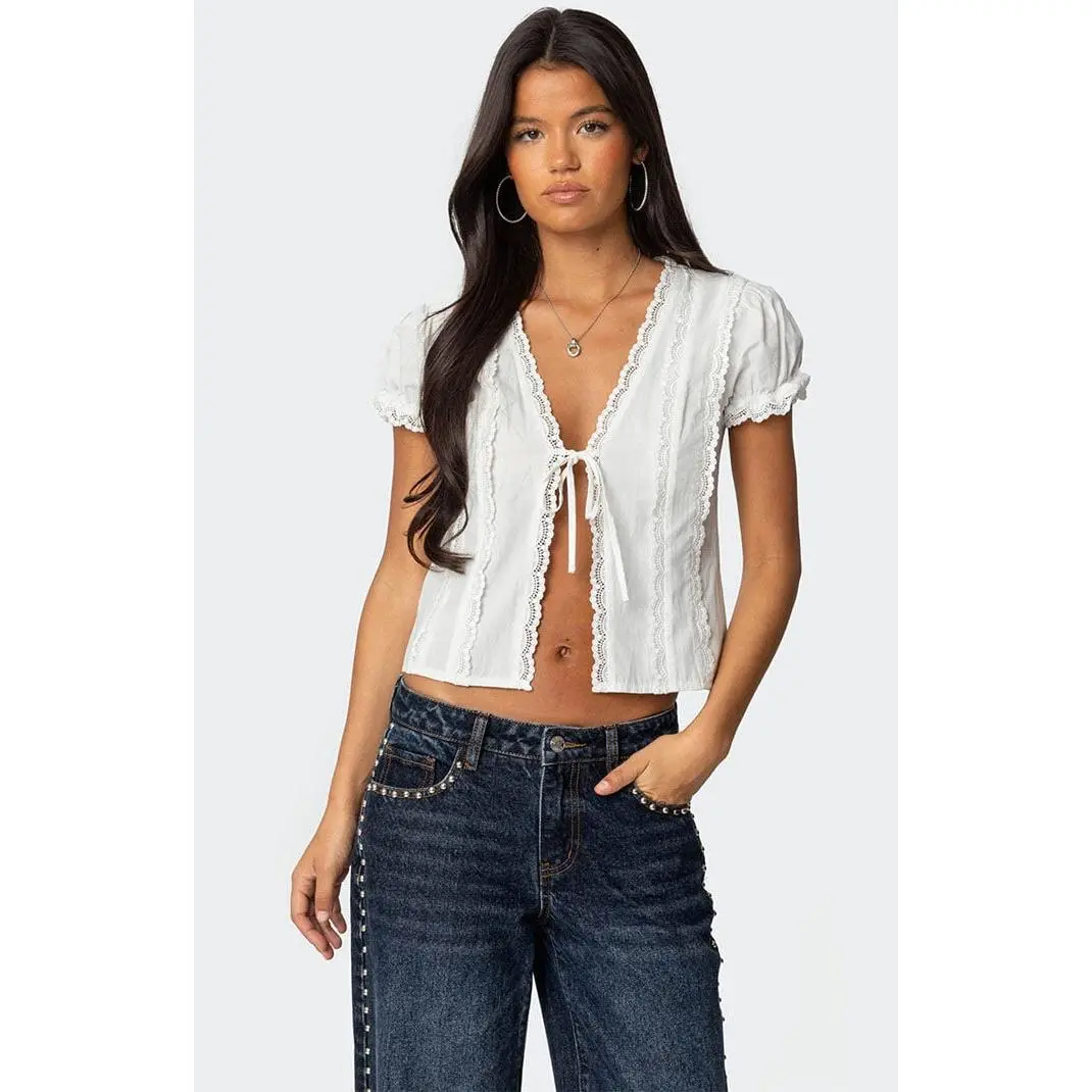 Edikted Women's Cotton Lacey Tie Front Top