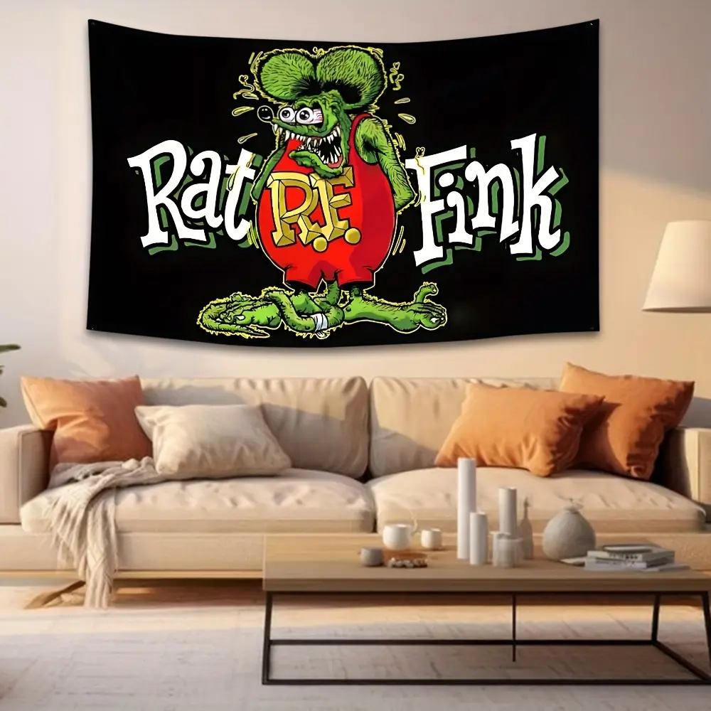 1pc Sturdy Synthetic Rat Fink Motorcycle Banner - Vintage Hot Rod Garage Decor, Bold Red-Green Design, Easy-Hanging Grommet - Collectibles for Adult Watch Party, Men Cave - Mid-Century Modern Home Decor Hanging Flag, Durable tiktokshopbacktoschool