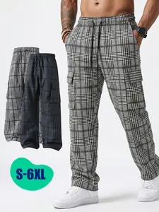 Men's casual plus size work pants, sports casual pants, loose elastic cuffs, and multi pocket checkered pants are very suitable for daily wear
