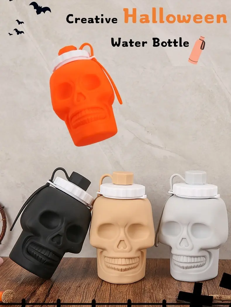 Halloween Skull Collapsible Silicone Water Bottle | Gothic Cool Water Jug For Teens Streetwear Lovers, Halloween Party Cosplay Camping Cycling Gym Travel Portable Leakproof Foldable Drink Cup sport