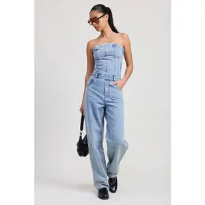 Strapless Denim Jumpsuit - Classic Vintage Style, Fitted Bodice, Straight Leg, Cotton Material, Below the Ankle Hem, Women's All-Seasons Wear