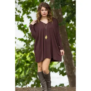Long Sleeve V-Neck Piko Tunic - Dark Brown