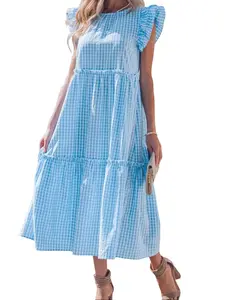 Womens Gingham Maxi Dress Ruffle Short Sleeve Tiered Boho Flowy Summer Beach Long Dresses with Pockets Tie Back