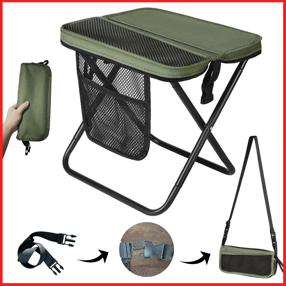 Lightweight Foldable Fishing Chair - 1.5lbs, 500lbs Load Capacity, Space-Saving Camping Furniture with Shoulder Strap, Side Pockets, Velcro Storage, Ideal for Camping, Gift for Outdoor Enthusiasts (Fishing Equipment), Compact