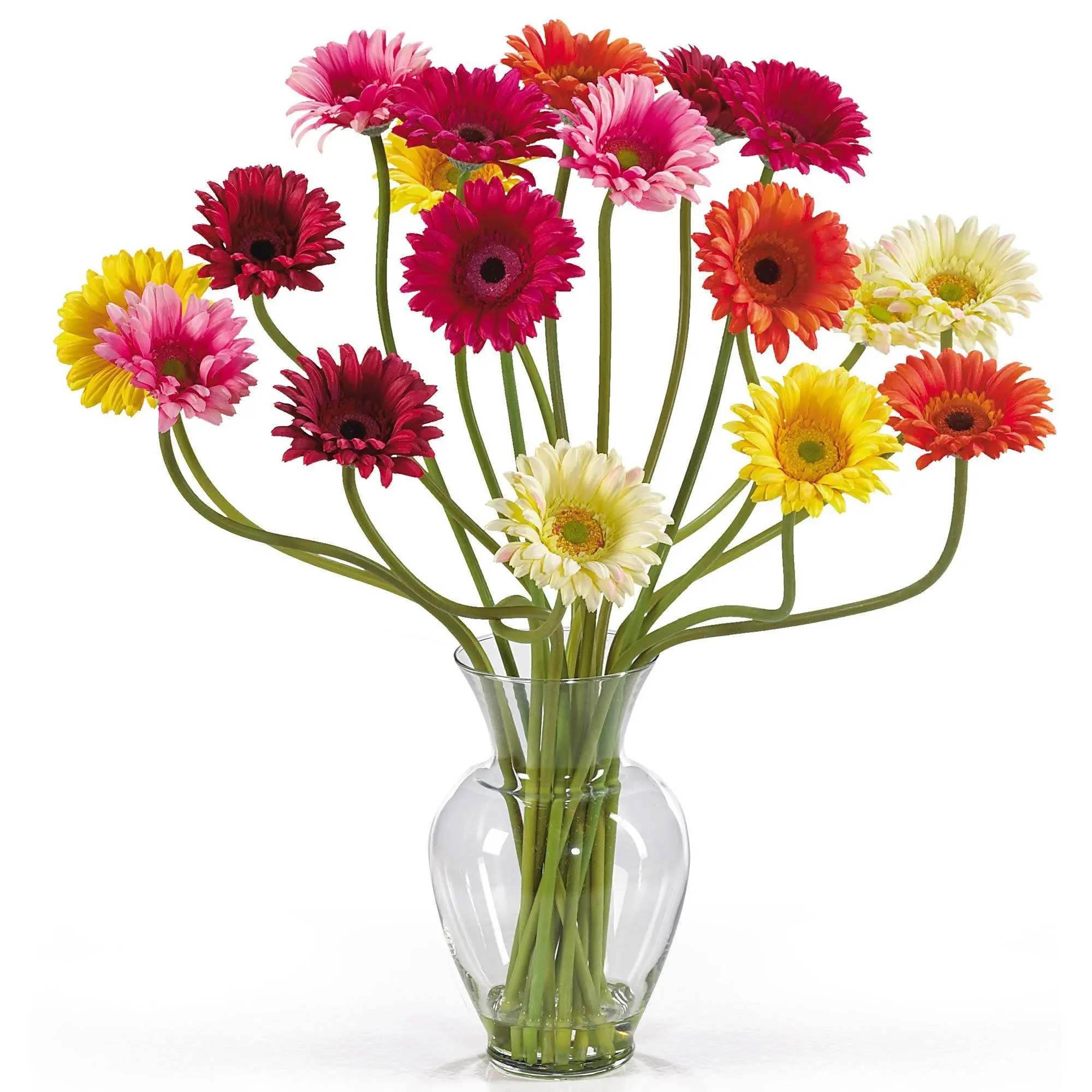 Gerber Daisy Liquid Illusion Silk Flower Arrangement with Glass Vase Set - 18 Stems Mixed Colors Bright Hue Design-Focused Room Decor, Ideal Birthday Gift for Home Supplies