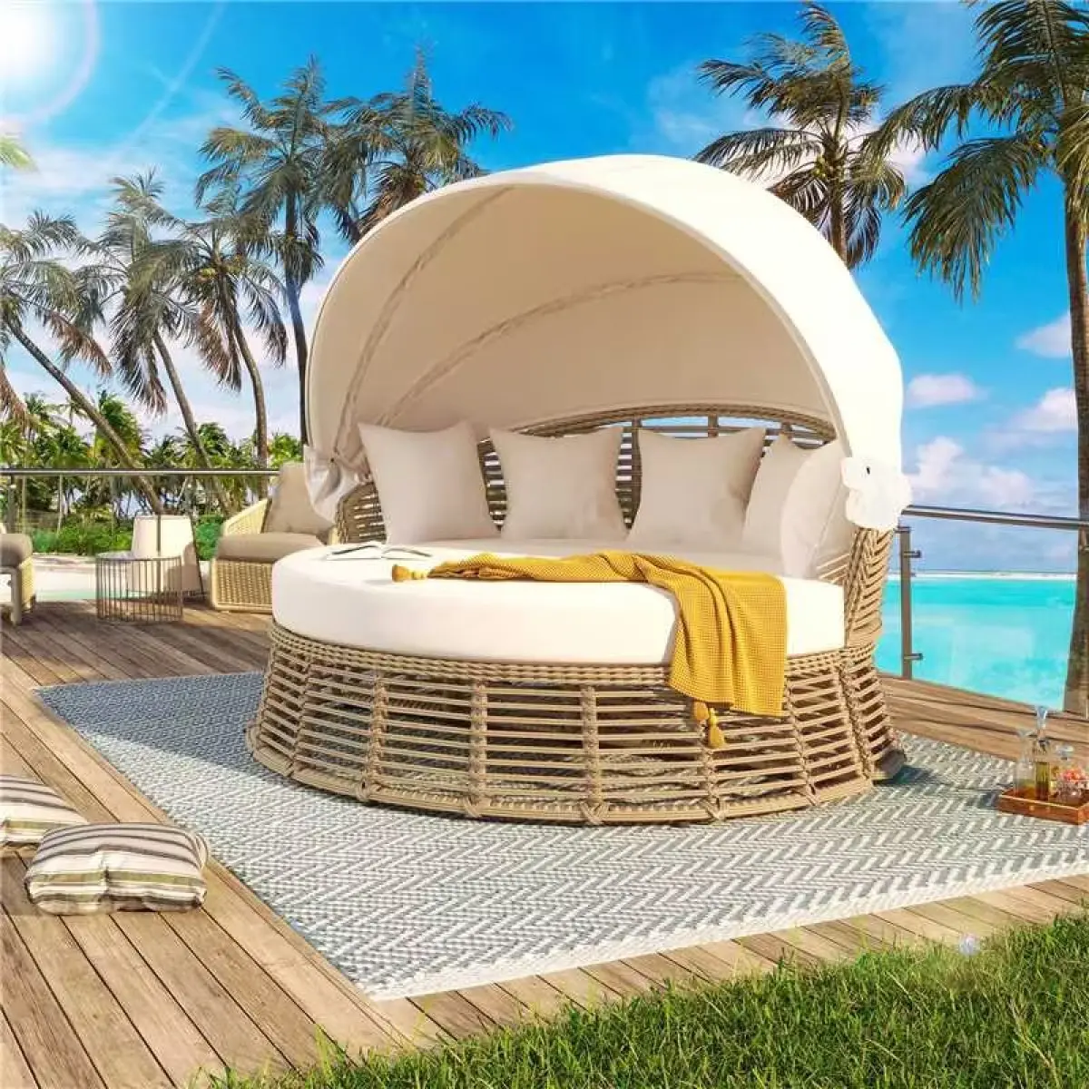 Aobtkel Outdoor Patio Rattan Round Daybed - Heavy-Duty Outdoor Loveseat with Retractable Canopy, Wicker Poolside Sofa Sunbed, Removable Cushions for Backyard, Porch, Beige, Heavy-Duty Outdoor Loveseats