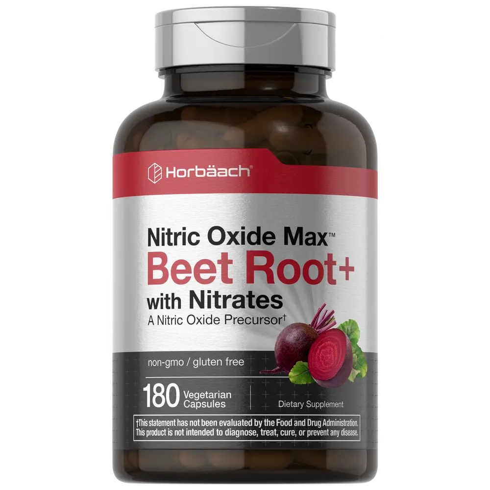 Horbäach Nitric Oxide Beet Root Capsules | 180 Count | with Nitrates and Precursor | For Men and Women | Vegetarian, Non-GMO, Gluten Free Supplement