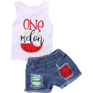 Toddler Girls 2-Piece Loose-Fitting Summer Outfit Set - Cotton Knit Crew Neck Ruffled Shirt, Ripped Denim Shorts, Holiday Theme