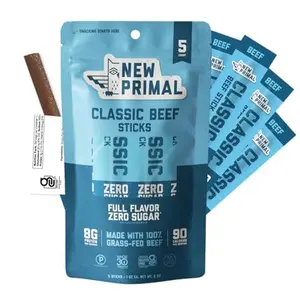 The New Primal Grass Fed Beef Sticks, Keto, Gluten Free Healthy Snacks for Adults, Sugar Free Low Carb High Protein Snack, Paleo Whole30 Jerky Meat Stick, 8g Protein, 90 Calories, 5 Pack