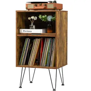 Danpinera Record Player Stand, Turntable Stand with Vinyl Record Storage Shelf, End Table with Charging Station, Vinyl Record Holder at least 80 Albums, Record Player Table with Metal Legs Rustic Brown Organiser Racks