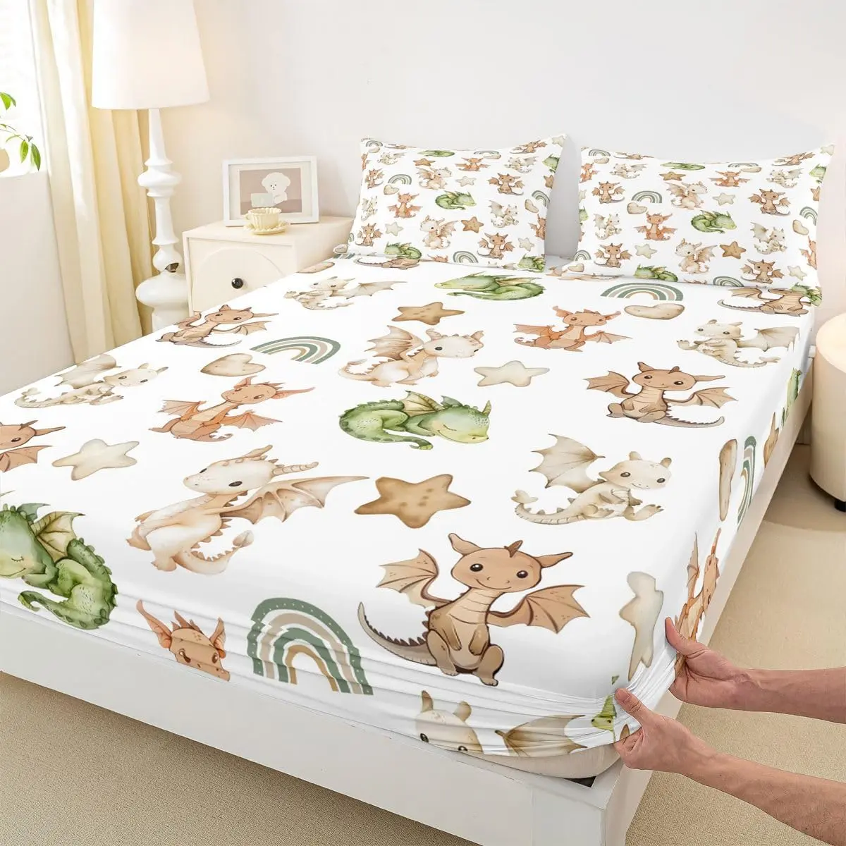 Cute Dragon Fitted Sheet (No Flat),Watercolor Stars Rainbow Bedding Sets Room Decor,Western Flying Dragon Bed Cover Cartoon Animals Deep Pocket Sheet