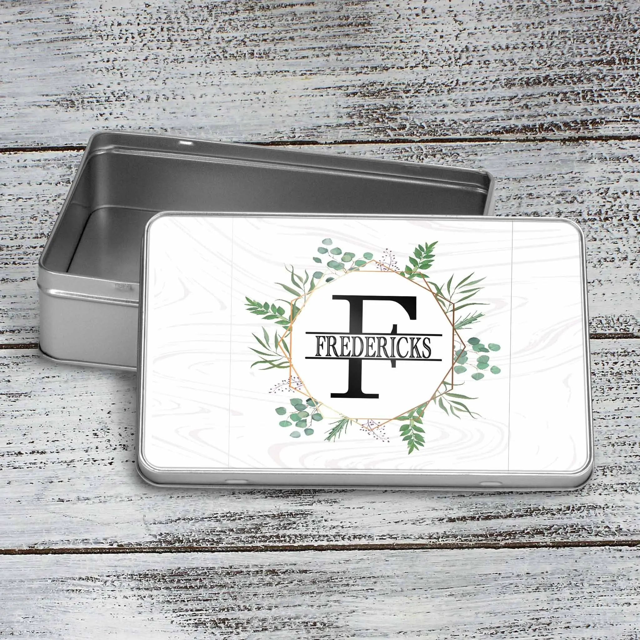 Custom Aluminum Tin | Photo Storage Box | Puzzle Tin | Spring Wreath Monogram