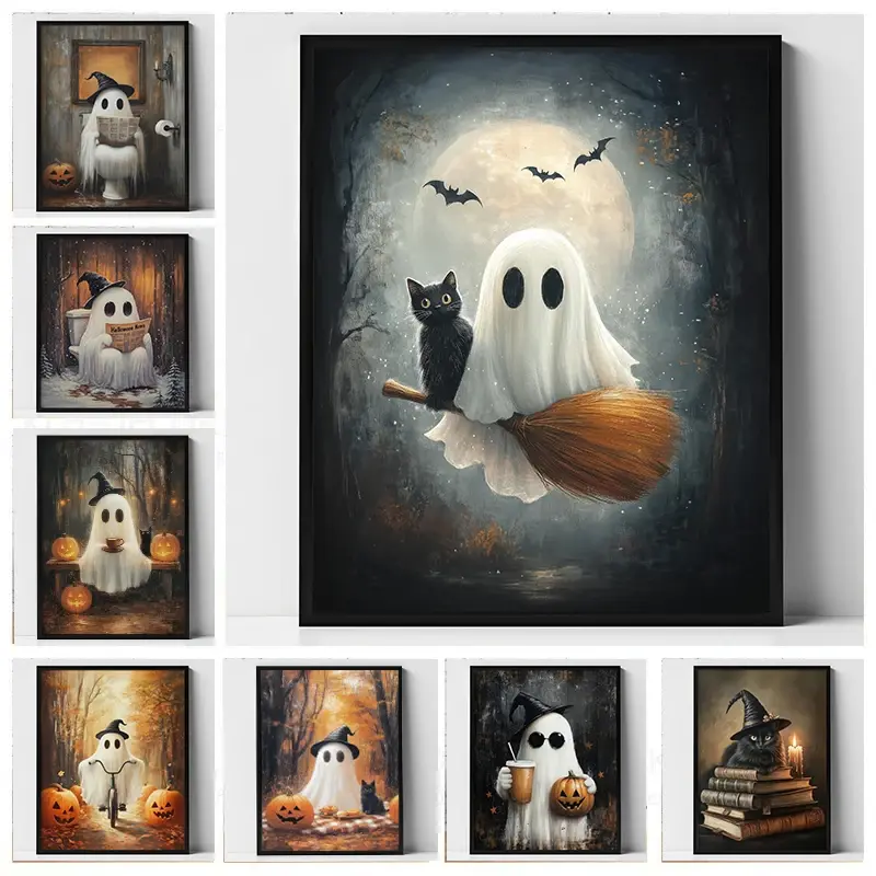 [Sale off up to 55%][Free Ship] Cute Ghost Black Cat Riding a Broom Poster, Halloween Wall Art, Ghost Reading Book Print, Jack-o'-Lantern Autumn Decor, Spooky Home Decoration, Halloween Gift