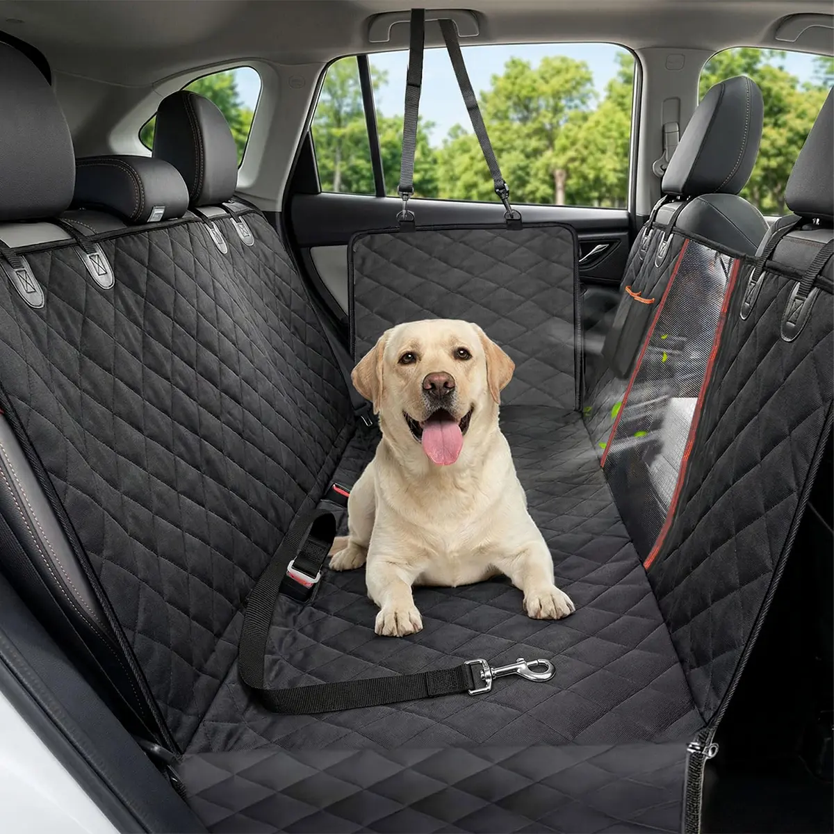 Dog Car Hammock Backseat Protector & Car Seat Cover - Heavy-Duty Waterproof Fabrics, Zipper, Pocket, Slip Prevention Brake-Safe Grip, Side Flaps, See-Through Mesh, Quick Wipe Clean, Easy Installation, Vacuum-Compatible Auto Accessory for Trucks, SUVs
