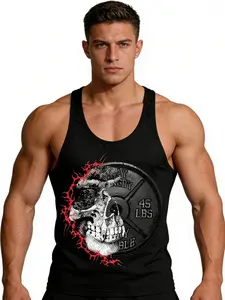 Men's Fine Strap Tank Top, Skull & 45lb Barbell Pattern, Gym Training Sleeveless Shirt, Bodybuilding Sportswear, Loose-Fitting