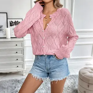 Woman's Pink Knit Cardigan Lightweight Lace-Up Pearl Button V-Neck Loose Soft Sweater Short Casual Outfit For Summer Date Beach Vacation Outdoor Shopping Campus Travel