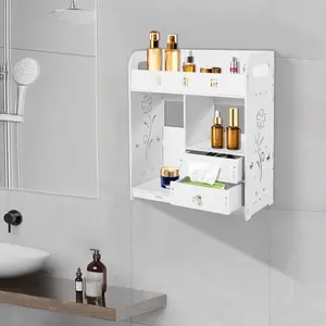 White Wall Cabinet for Bathroom Space Saving Wall Mounted Storage with 2 Drawers 2 Closed Compartments and Top Shelf Organizer