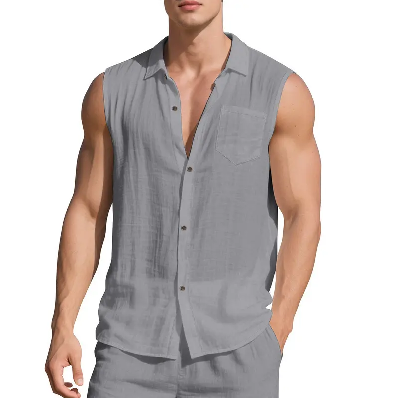 Mens Summer Linen Sleeveless Collared Shirt Thin Loose Simple Casual Vest Cardigan T Shirt Lightweight Breathable Button Down Pocket Design Relaxed Fit Sleeveless Linen Vest