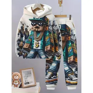 2-Piece Set Boys Cartoon Character 3D Printed Sleeve Pullover Hoodie + Pants Set Casual Comfortable Versatile Outdoor Clothing Autumn Perfect Outdoor Sweatshirt Long Style