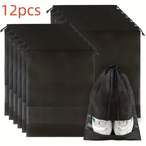 12 PCS large black travel shoe bag with drawstring design, durable, foldable, reusable non-woven fabric storage bag, unisex shoe organizing bag