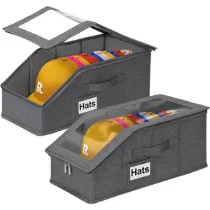 2 count Stackable Hat Storage for Baseball Caps with Clear Window Lid,Holds up to 28 Caps Hat Organizer Boxes for Closet,Sturdy Snapback Baseball Cap Organizer for Closet Shelf Use (Deep Grey)