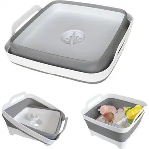 Foldable Wash Basin for Baby Bottles - 2.4 Gallon Portable Wash Bucket Suitable for RV Camping Sink, Space-Saving Dishwashing Bucket (Gray)