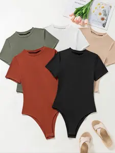 Women's Solid Ribbed Round Neck Bodysuit, Basic Casual Comfy Breathable Short Sleeve Bodysuit for Daily Wear, Ladies Clothes for All Seasons